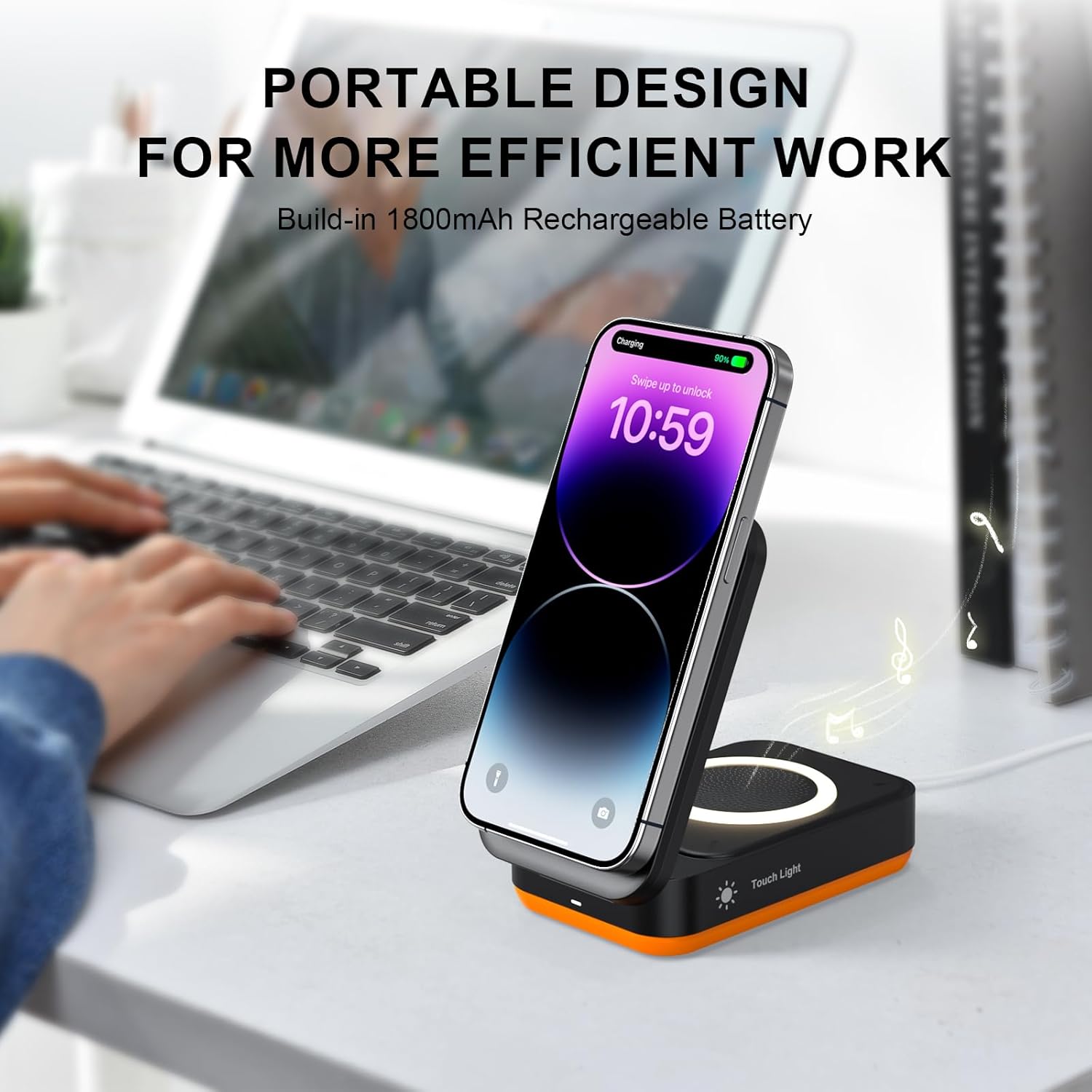 Nook wirelessly charging an iPhone on its magnetic charging pad