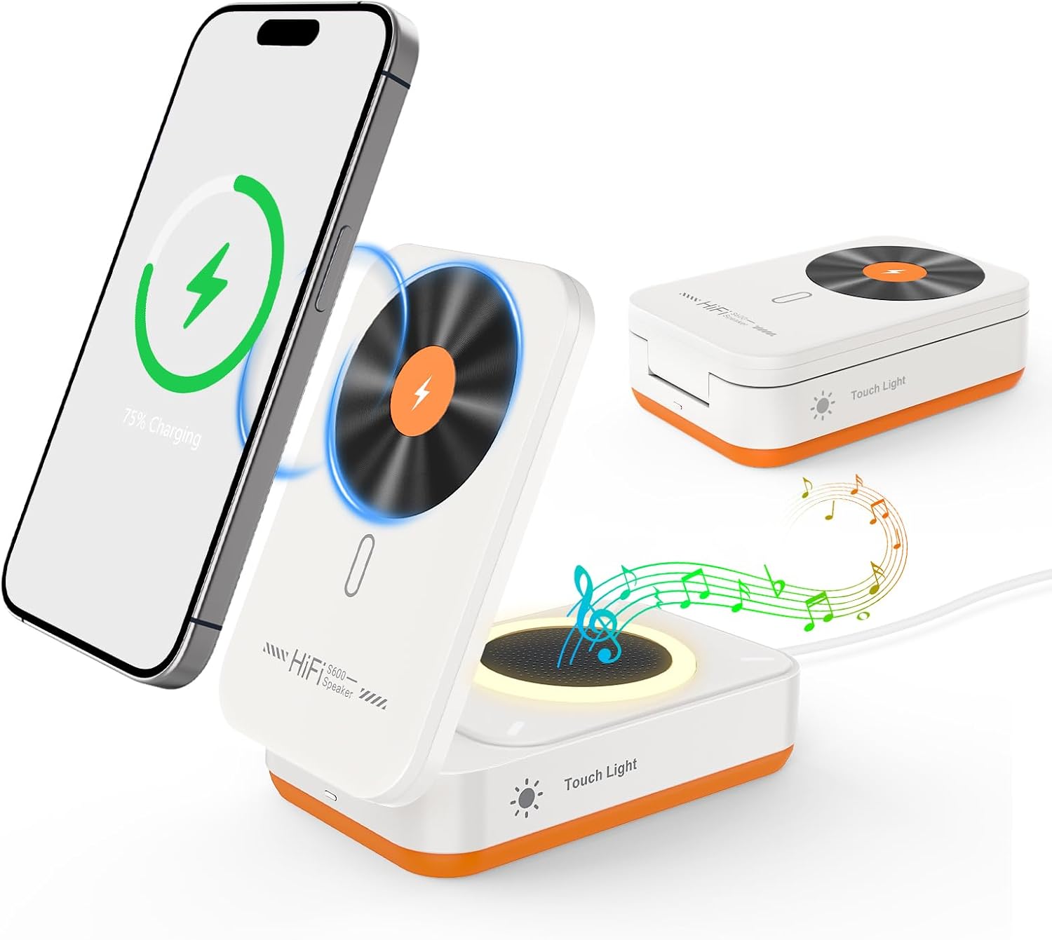 Nook charging an iPhone and glowing softly on a bedside table at night